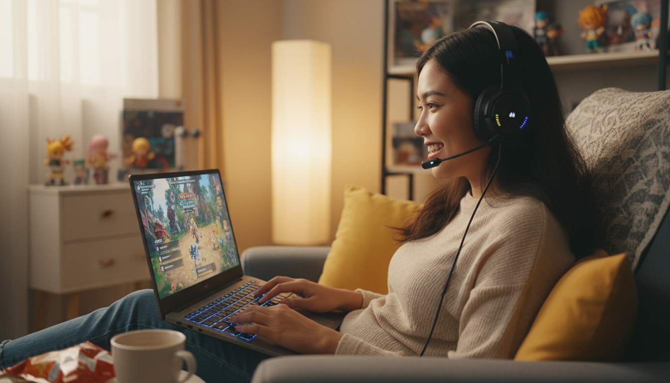 Excited woman enjoying online gaming